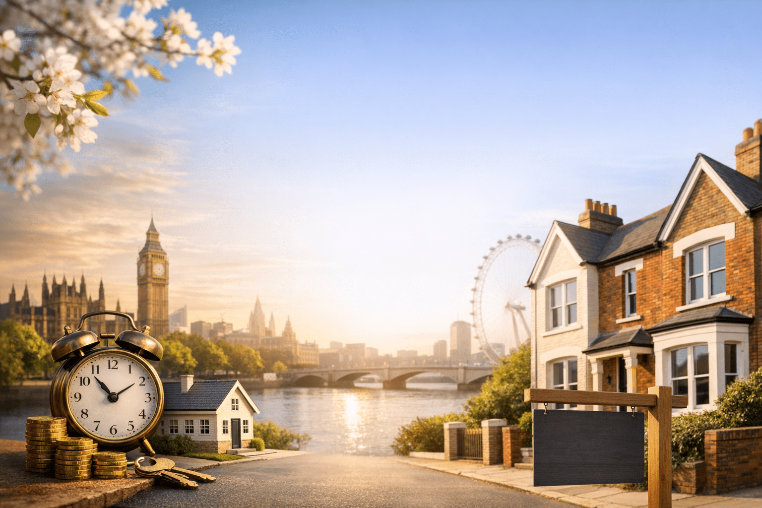 A scenic view of London featuring the Big Ben clock tower and the London Eye, with a house model, keys, coins, and a blank